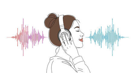 Young woman enjoying music through headphones with sound waves visualized on both sides creating an immersive audio experience
