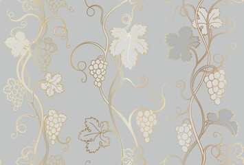 Golden grapevine seamless pattern. Grapes branch gold line luxury ornament Vintage illustration. Wine print