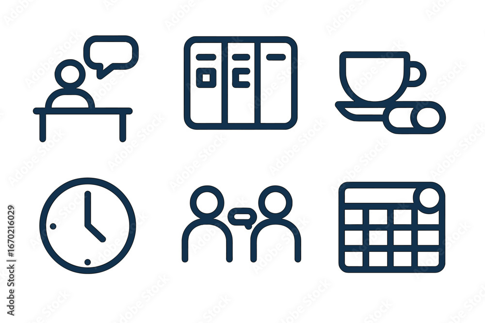 Poster vector outline icon set featuring communication, time management, and scheduling activities in a min