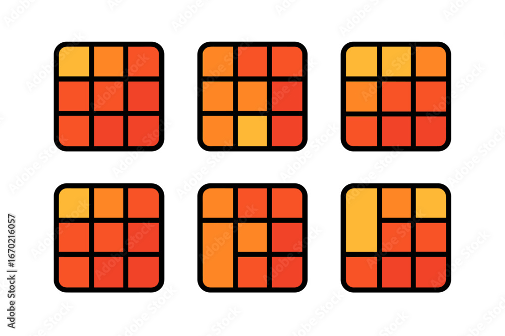 Poster vector outline icon set of colorful geometric squares in red and orange gradation for design element
