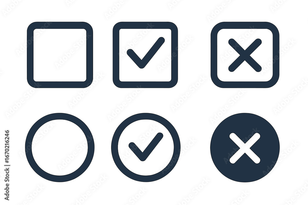 Poster Vector outline icon set featuring check marks, cross marks, and various shapes for design applications
