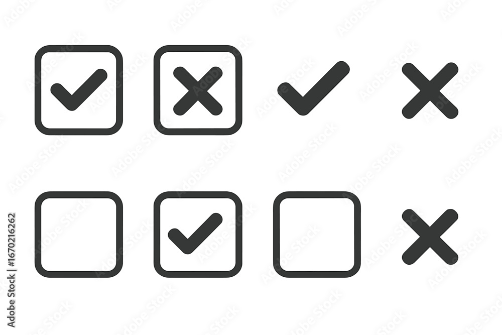 Poster vector outline icon set featuring check marks and boxes for user interface design and graphic projec