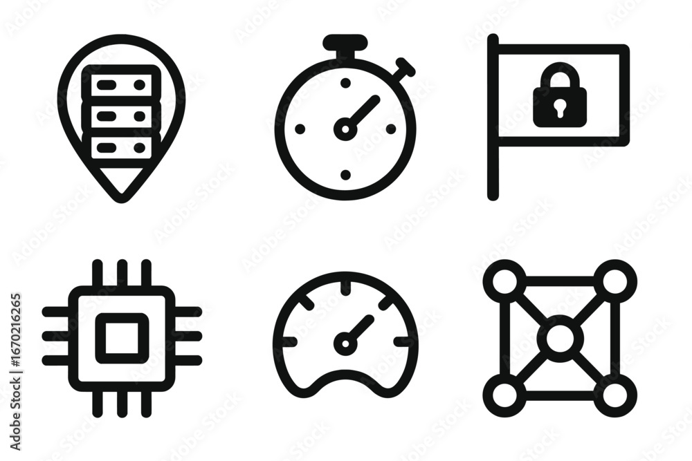 Poster vector outline icons representing technology elements like data storage, timing, security, and measu