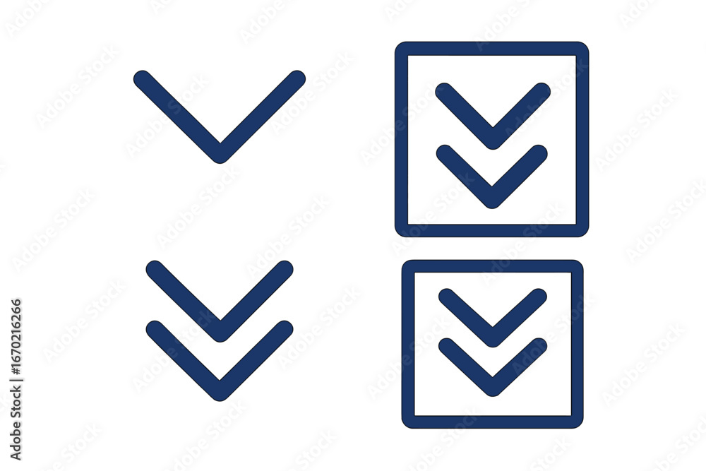 Aufkleber vector outline icon set featuring downward arrows and checkboxes for digital design applications