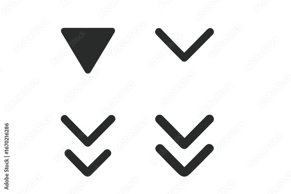 Poster vector outline icon set representing downward arrows used in various digital interfaces and applicat
