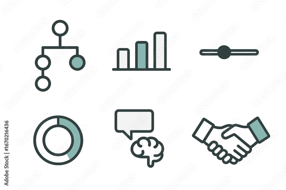 Poster vector outline icon set featuring flowchart, bar graph, slider, pie chart, brain, and handshake symb