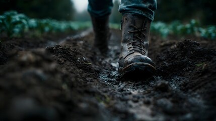 Weathered boots trudging through muddy garden rows