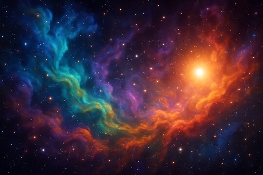 Vibrant colorful nebula swirls and bright starburst in deep space celestial panorama