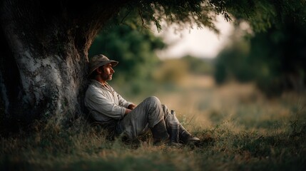 Farmer resting under a tree in a peaceful rural setting