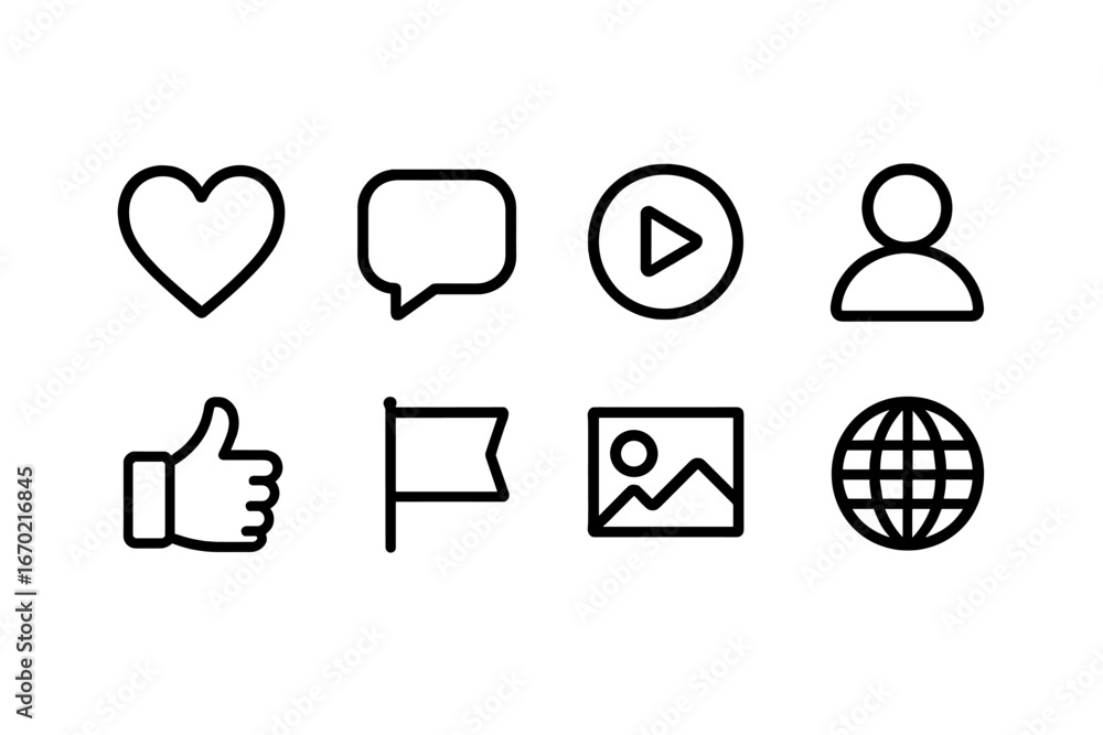 Poster vector outline icon set featuring common social media symbols for digital communication and interact