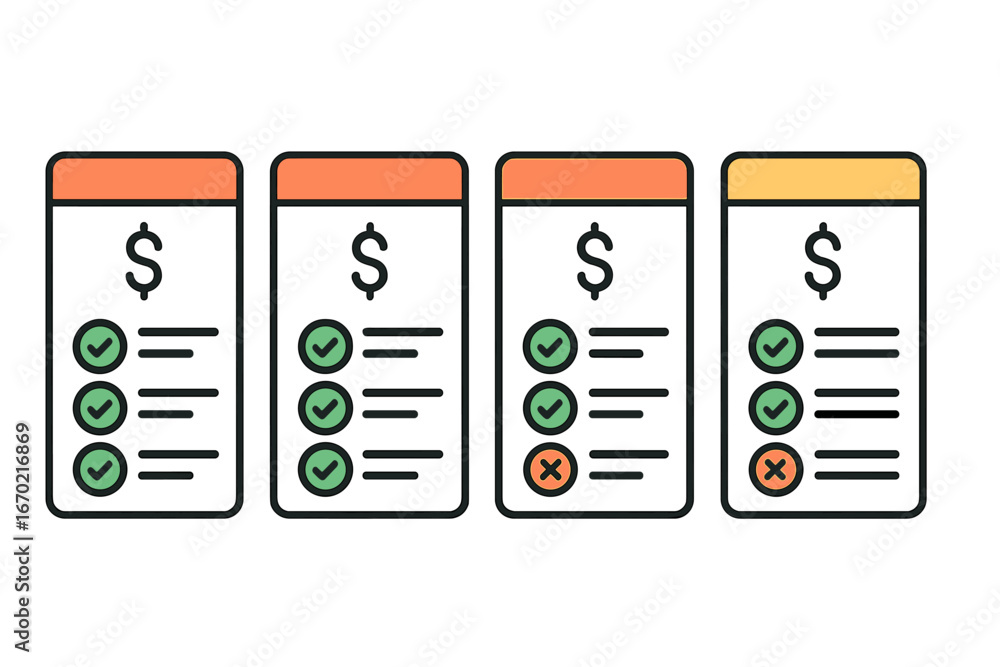 Poster vector outline icon set featuring checklists and invoices for clear financial management and task tr