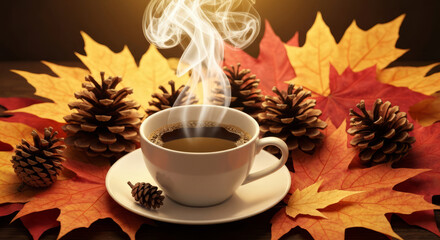 Steaming Hot Coffee Surrounded by Vibrant Autumn Leaves and Pine Cones.