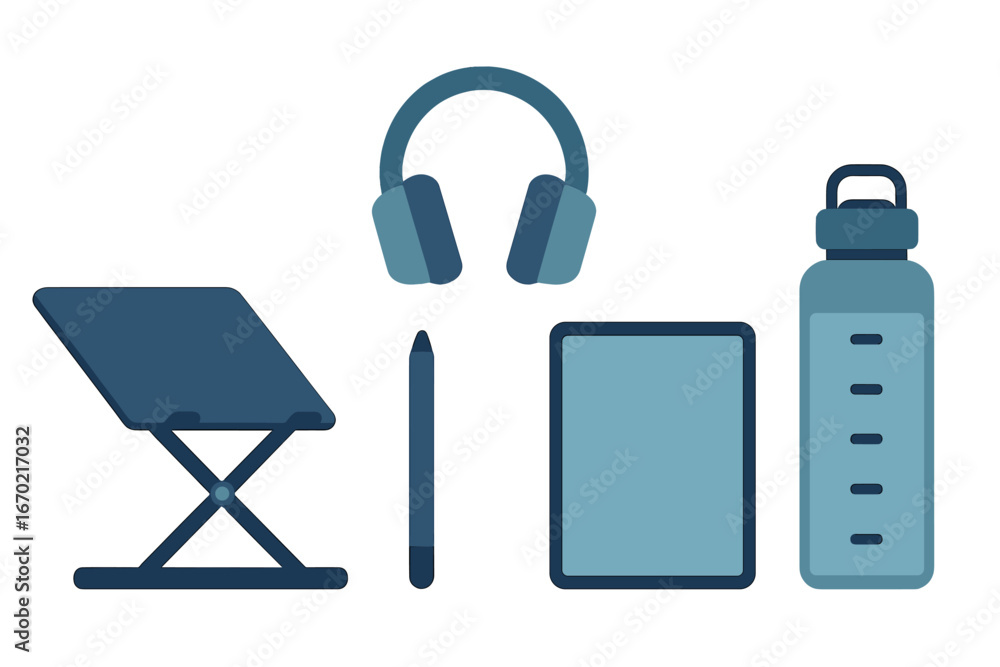 Poster vector outline icon set featuring workspace essentials for productivity and comfort during remote wo
