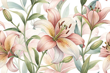 lily flower blooming seamless pattern. Watercolor colorful print in rustic vintage style, textile or wallpaper background 