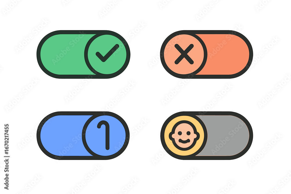 Poster toggle switches in various colors and styles for user interface design