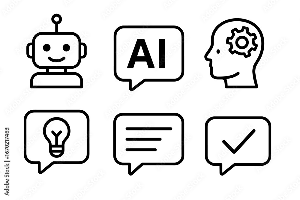 Poster vector outline icons representing artificial intelligence concepts and related activities in a moder