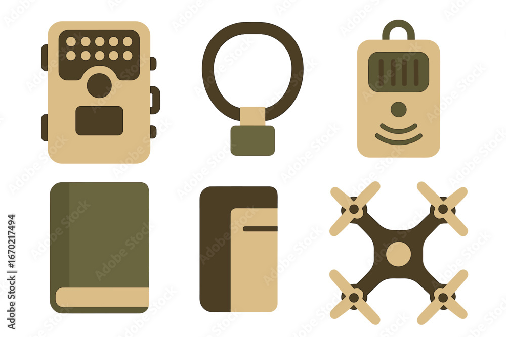 Poster vector outline icon set featuring equipment and tools for various activities and tasks in usable des