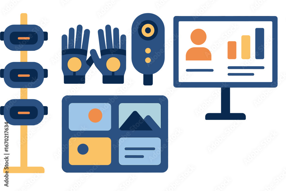 Aufkleber vector outline icon set showcasing various technology elements including display, controller, and us