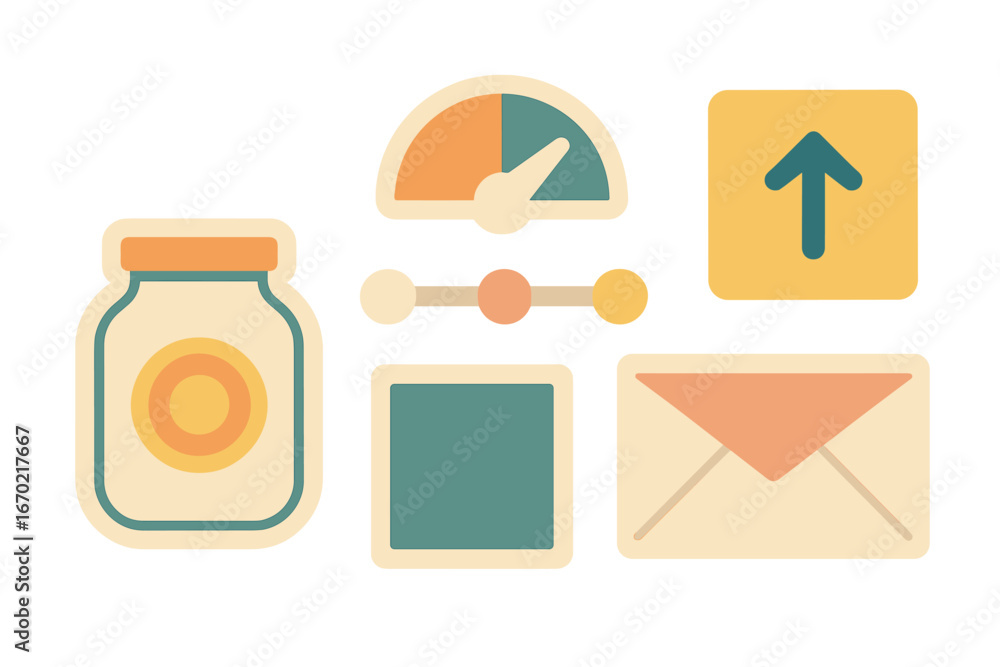 Poster vector outline icon set representing various concepts like communication, progress, and storage in a