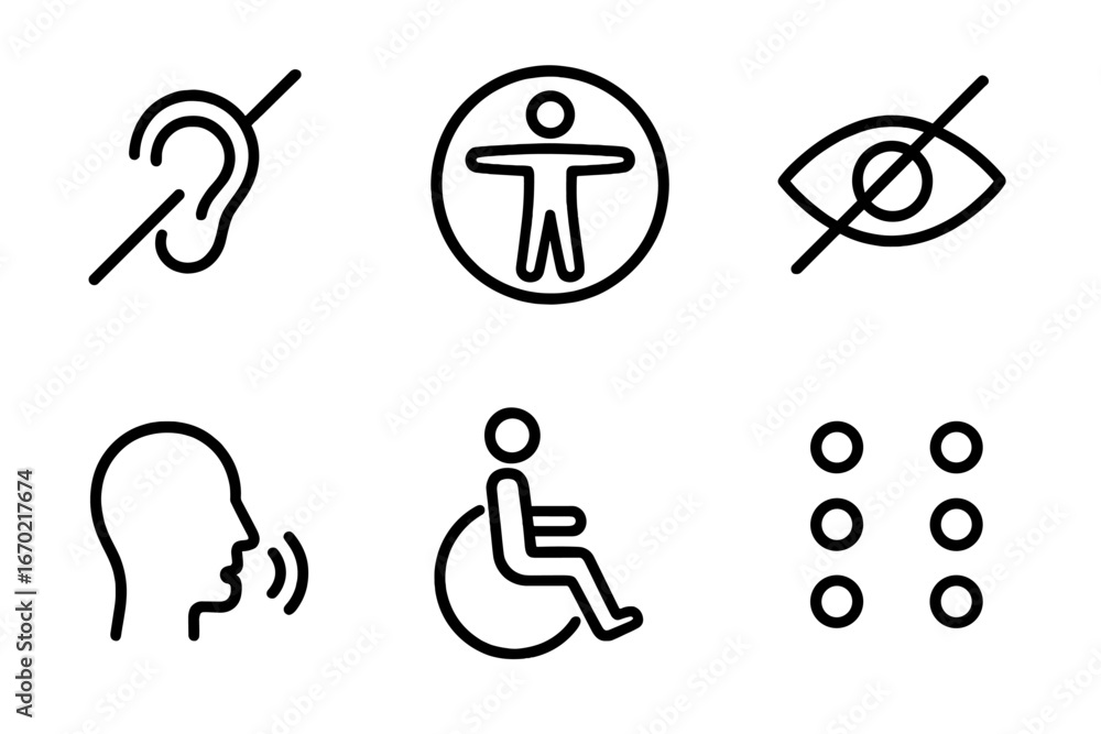 Aufkleber outline icon set representing accessibility features for individuals with disabilities