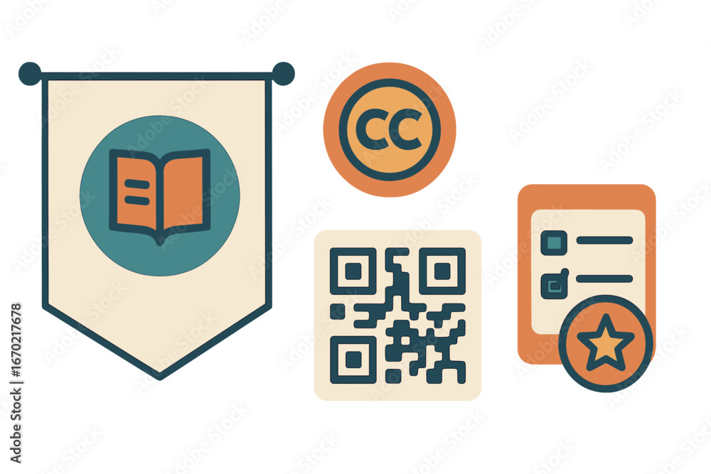 Poster vector outline icons set featuring educational symbols and digital elements for creative projects an