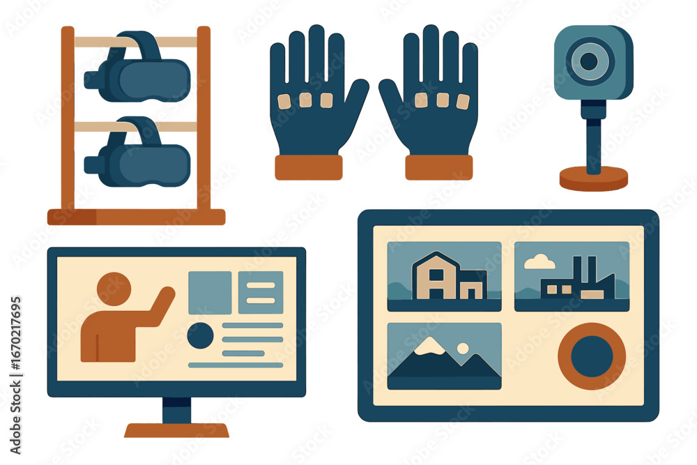 Poster vector outline icon set illustrating virtual reality equipment, user interface elements, and technol