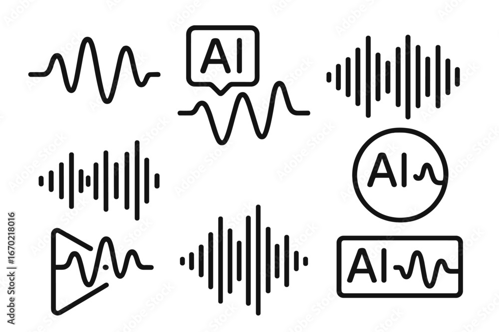 Poster vector illustration of audio waveforms and ai concepts in black lines