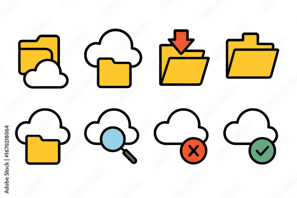 Poster vector outline icon set featuring cloud storage and folder management symbols for digital organizati