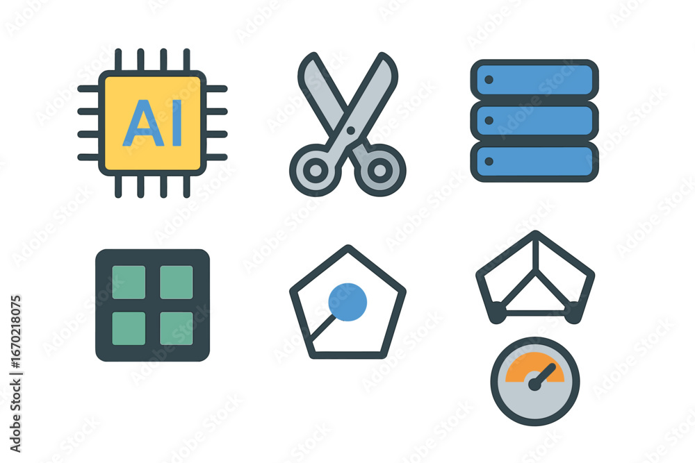 Poster technology icons set representing artificial intelligence and tools