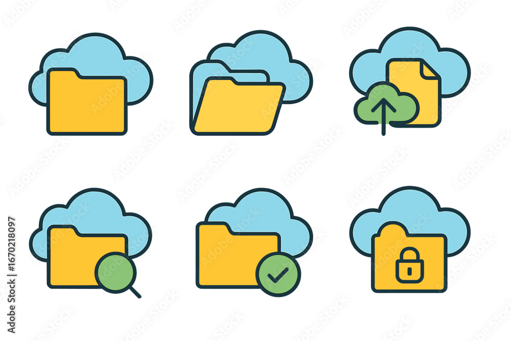 Poster Vector outline icon set depicting cloud storage functions such as file management, upload, and security