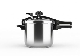 Obraz premium Shiny metallic pressure cooker with black handles, a kitchen essential for fast and efficient home cooking, isolated on a white background
