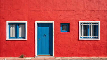 Vibrant red wall with blue door and white framed windows