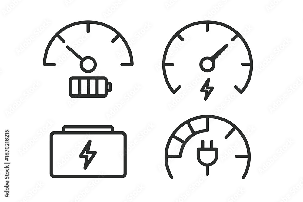 Aufkleber vector outline icon set featuring battery and energy indicators for visual representation of power l