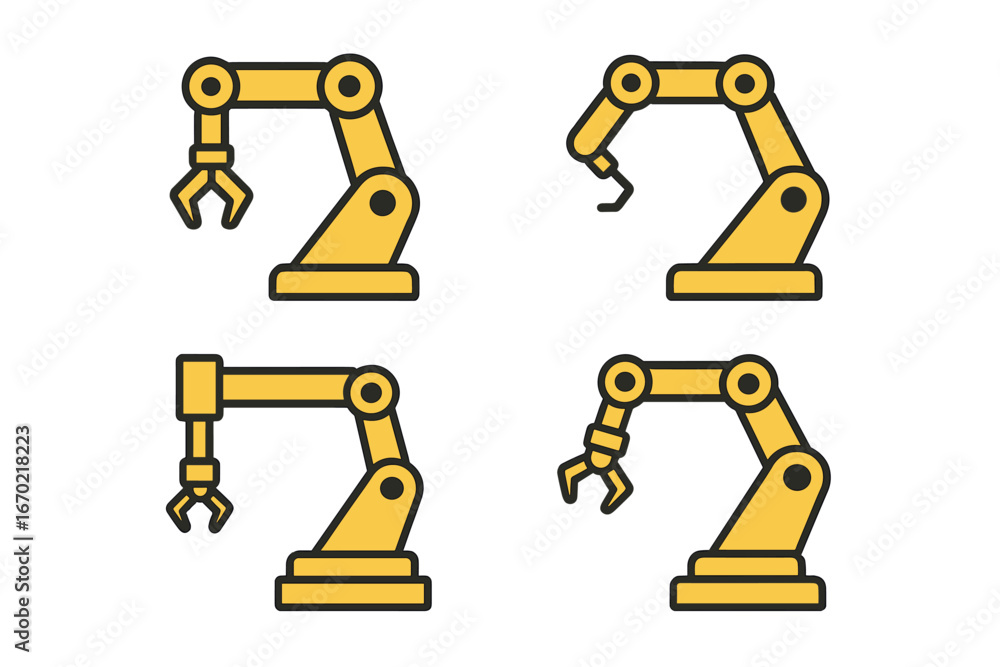Poster vector outline icon set featuring yellow industrial robotic arms with different designs and function