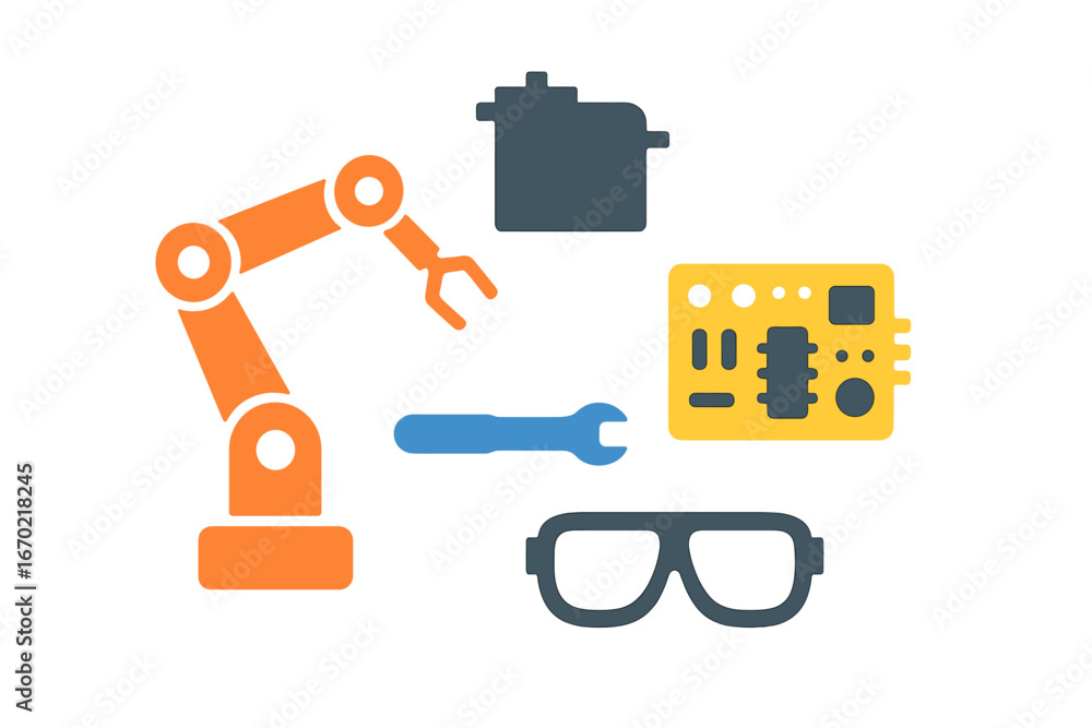 Poster vector illustration of robotic components and tools for automation