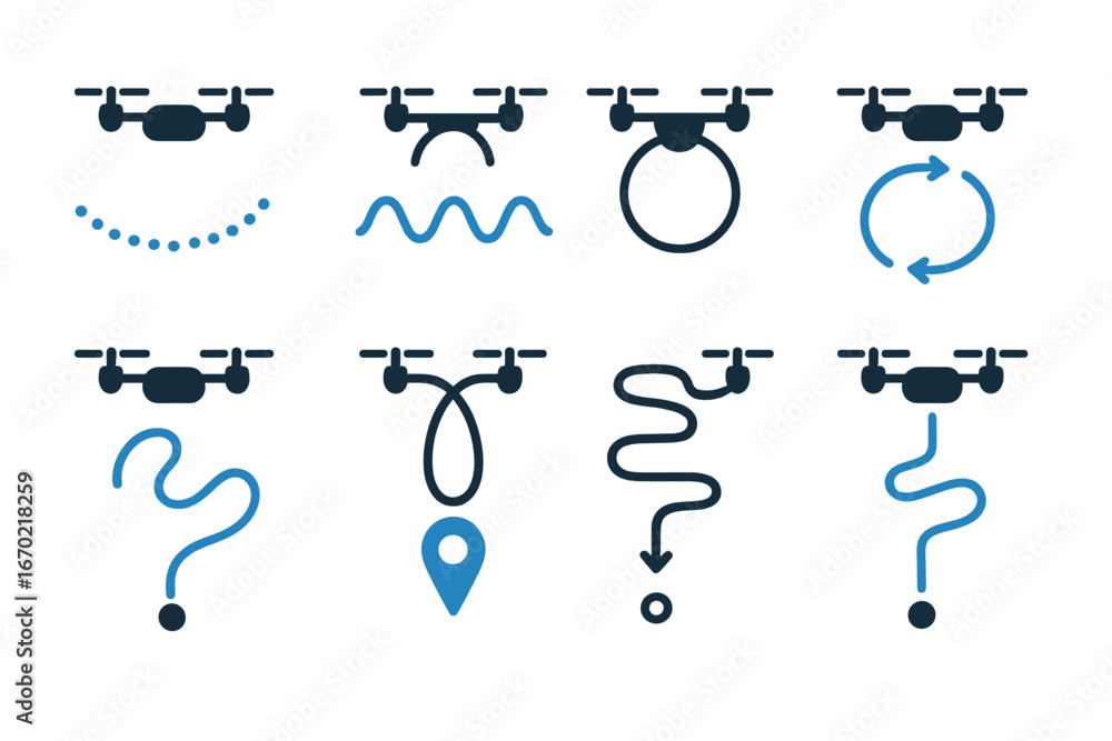 Poster Vector outline icon set featuring various drone flight patterns and movement trajectories in a minimalistic style for design use