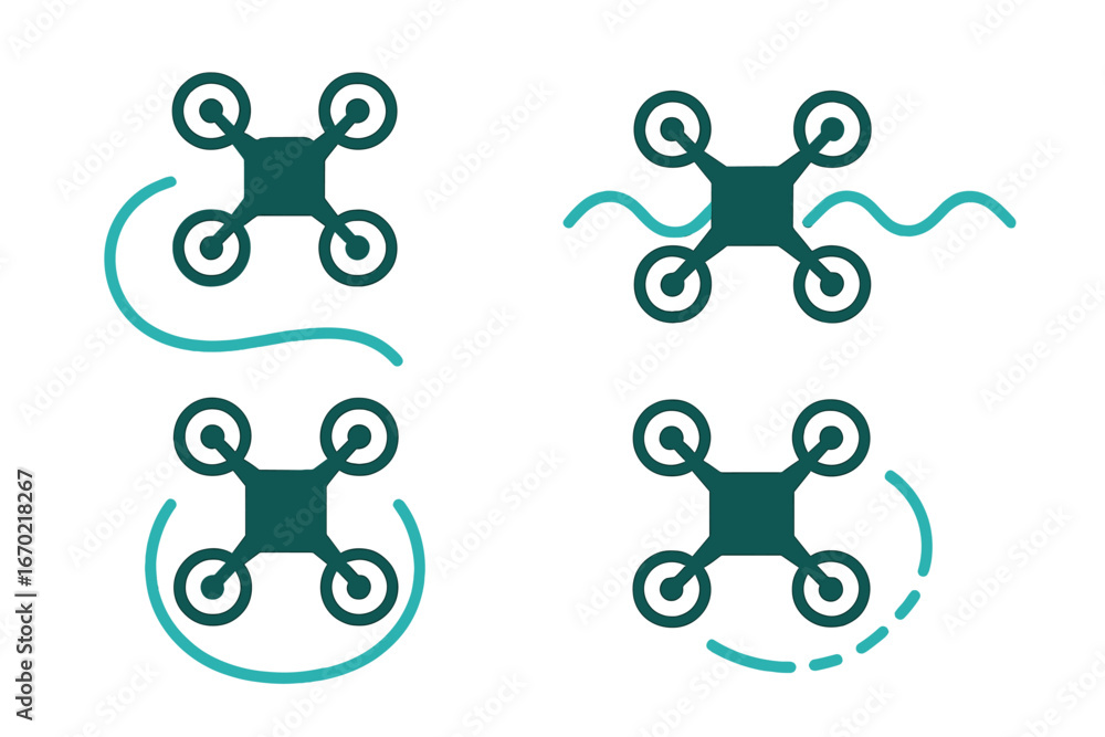 Poster vector outline icon set featuring drone designs in various flight maneuvers with clear indicators of