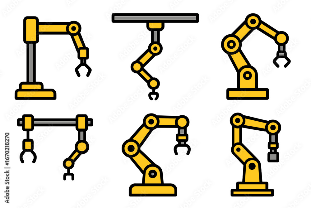Poster vector outline icon set showcasing various robotic arm designs suitable for industrial applications 