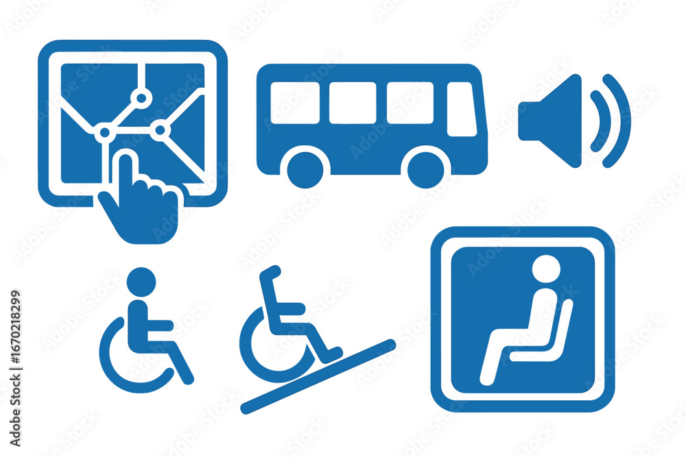 Poster collection of vector outline icons representing public transport, accessibility features, and naviga