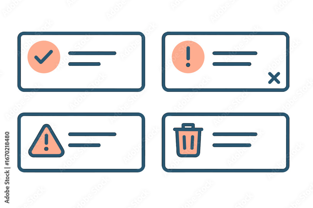 Poster vector outline icon set showcasing different notification styles for user interactions and alerts in