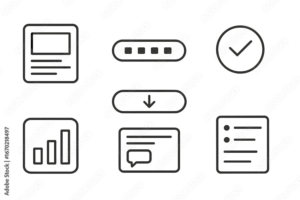 Poster modern line icons representing various digital activities and tasks