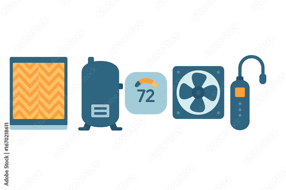 Poster vector outline icon set featuring home hvac system components and temperature gauge in modern flat d