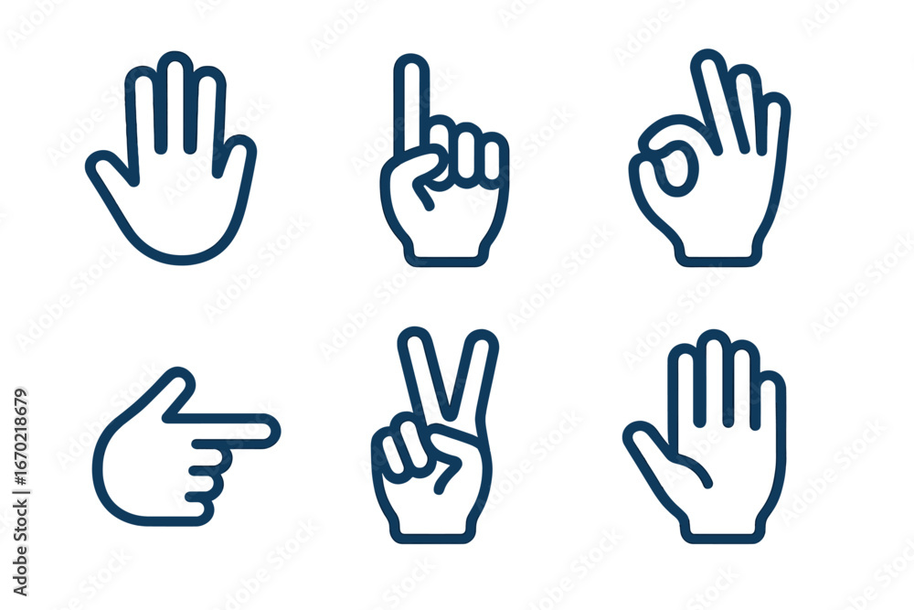 Poster vector outline icon set featuring various hand gestures for communication and expression in diverse 