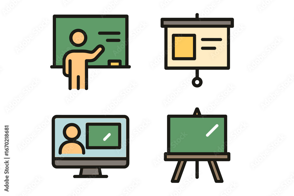 Poster vector outline icon set featuring teaching and presentation tools in a straightforward educational t
