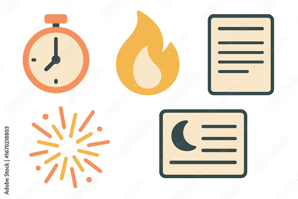 Poster vector outline icon set featuring timer, flame, document, and fireworks for creative projects and gr