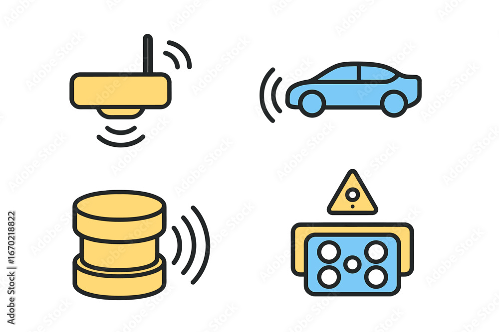 Poster vector outline icon set showcasing various technological elements related to wireless communication 