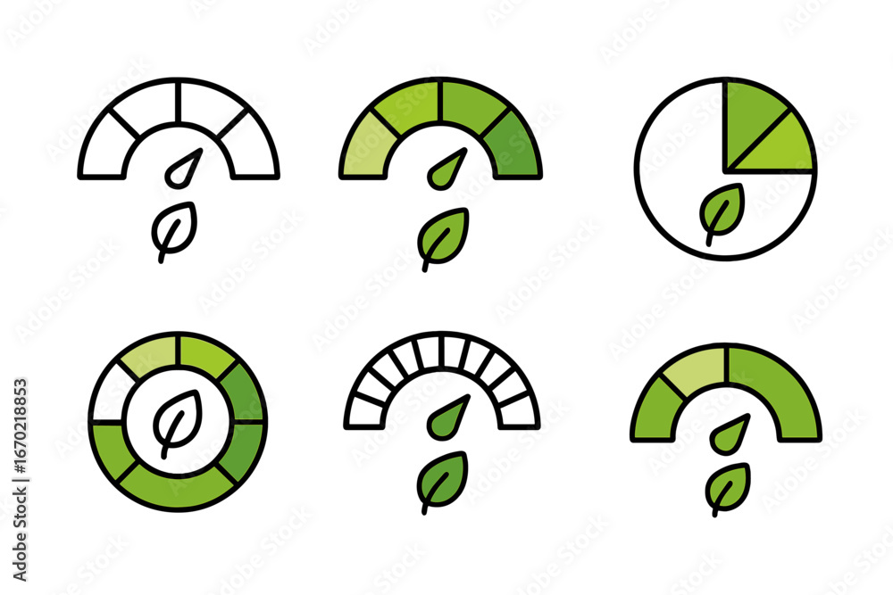 Poster vector outline icon set featuring various leaf indicators and gauges for environmental themes and su