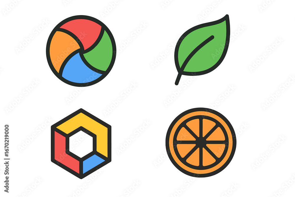 Poster vector outline icon set featuring colorful shapes, leaf, hexagon, and orange design elements for gra