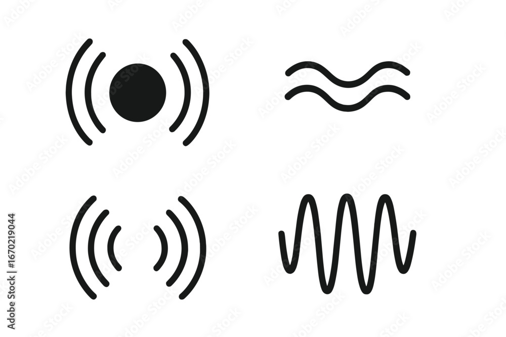 Poster vector outline icon set featuring sound waves and frequency patterns for graphic design and communic