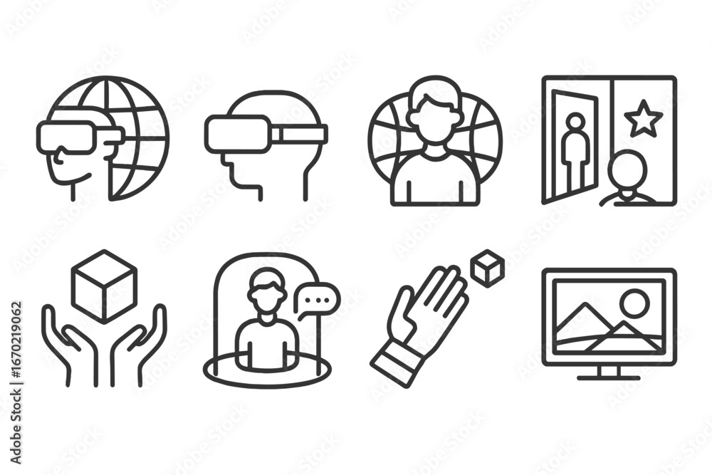 Poster vector outline icon set showcasing virtual reality, user interaction, and digital imagery concepts